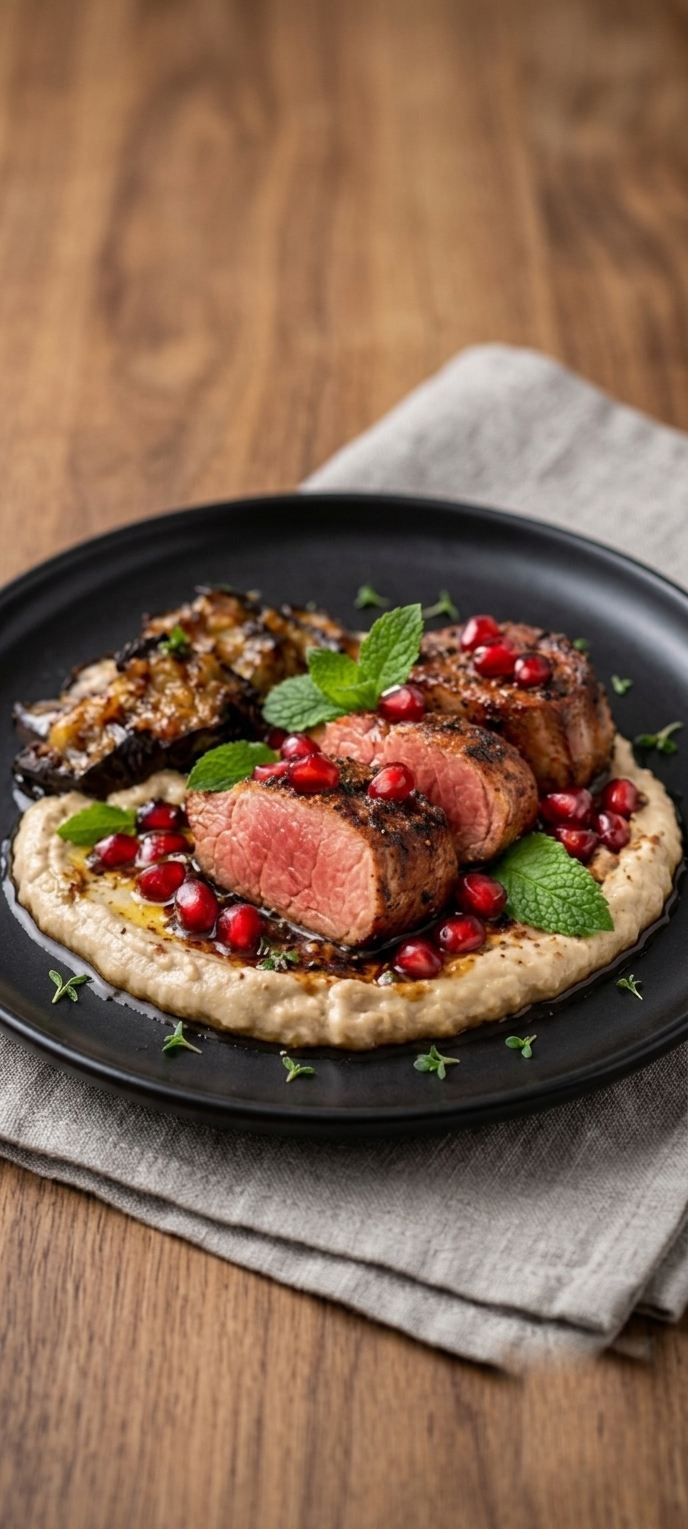 Sliced beef with pomegranate on slate