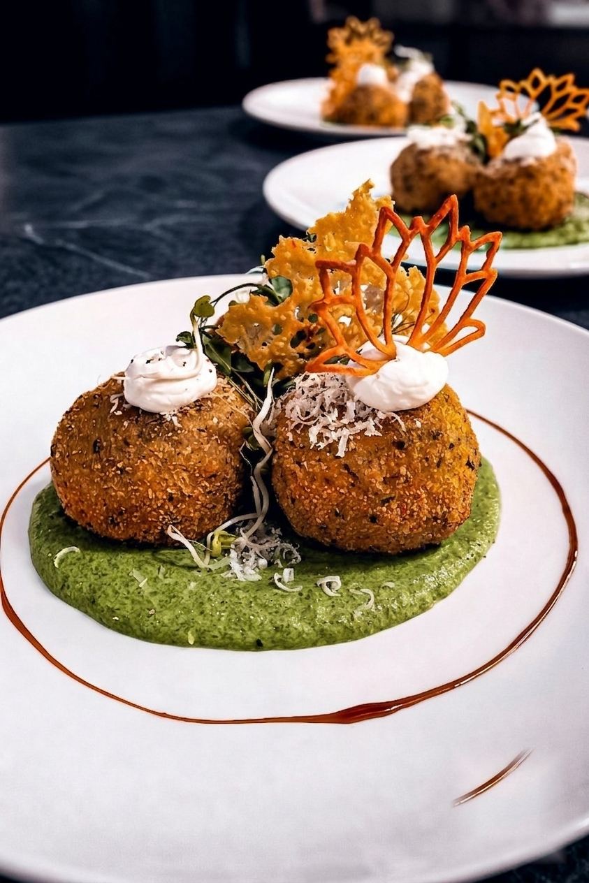 Croquettes on pea purée with an orange tuile