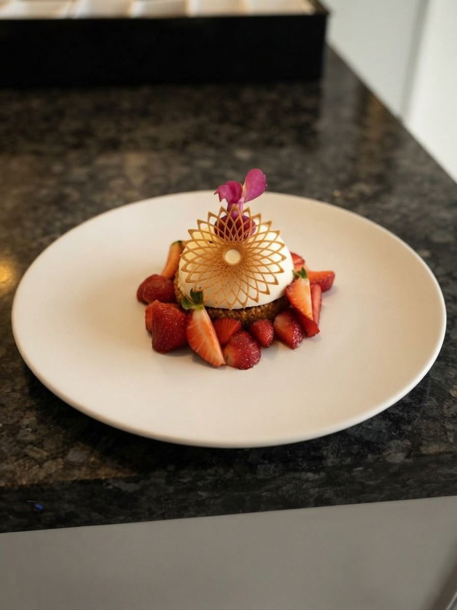 Strawberry dessert with a spun-gold sphere
