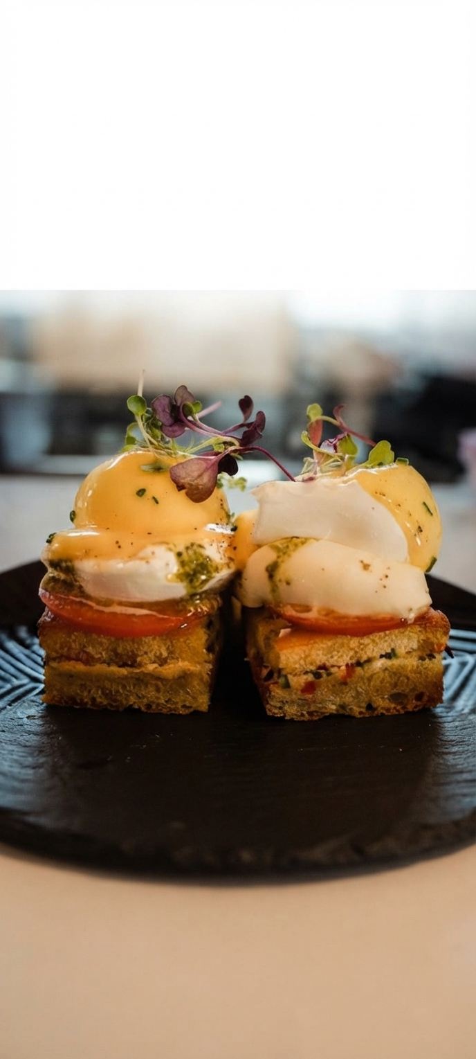Poached eggs with hollandaise on toasted brioche