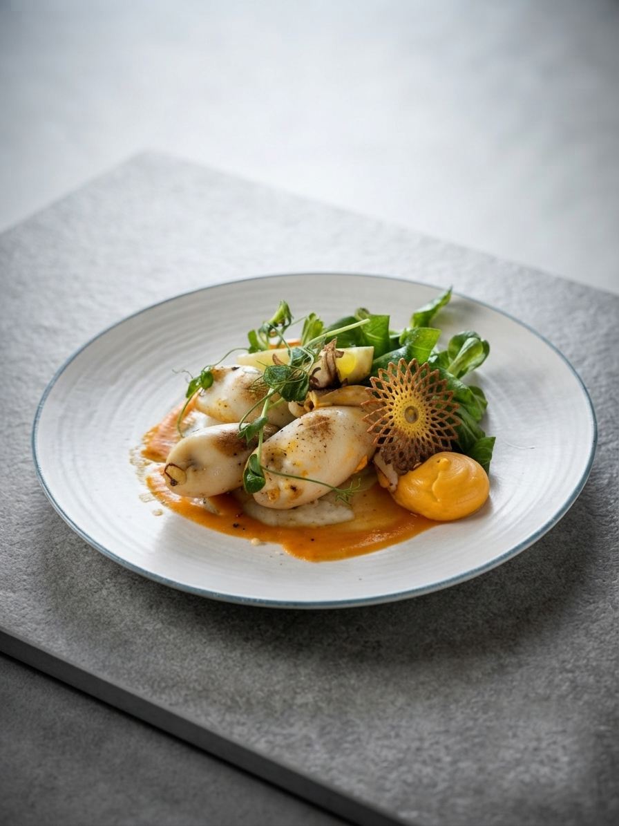 Seafood with saffron sauce and a gold tuile