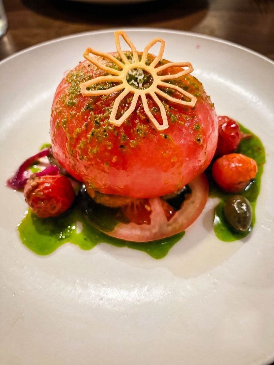 Heritage tomato tower with basil oil