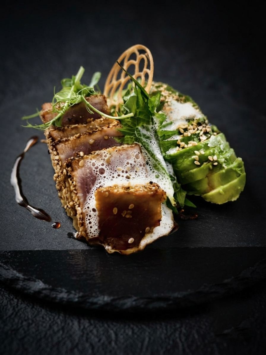 Seared tuna with avocado, rocket and sesame