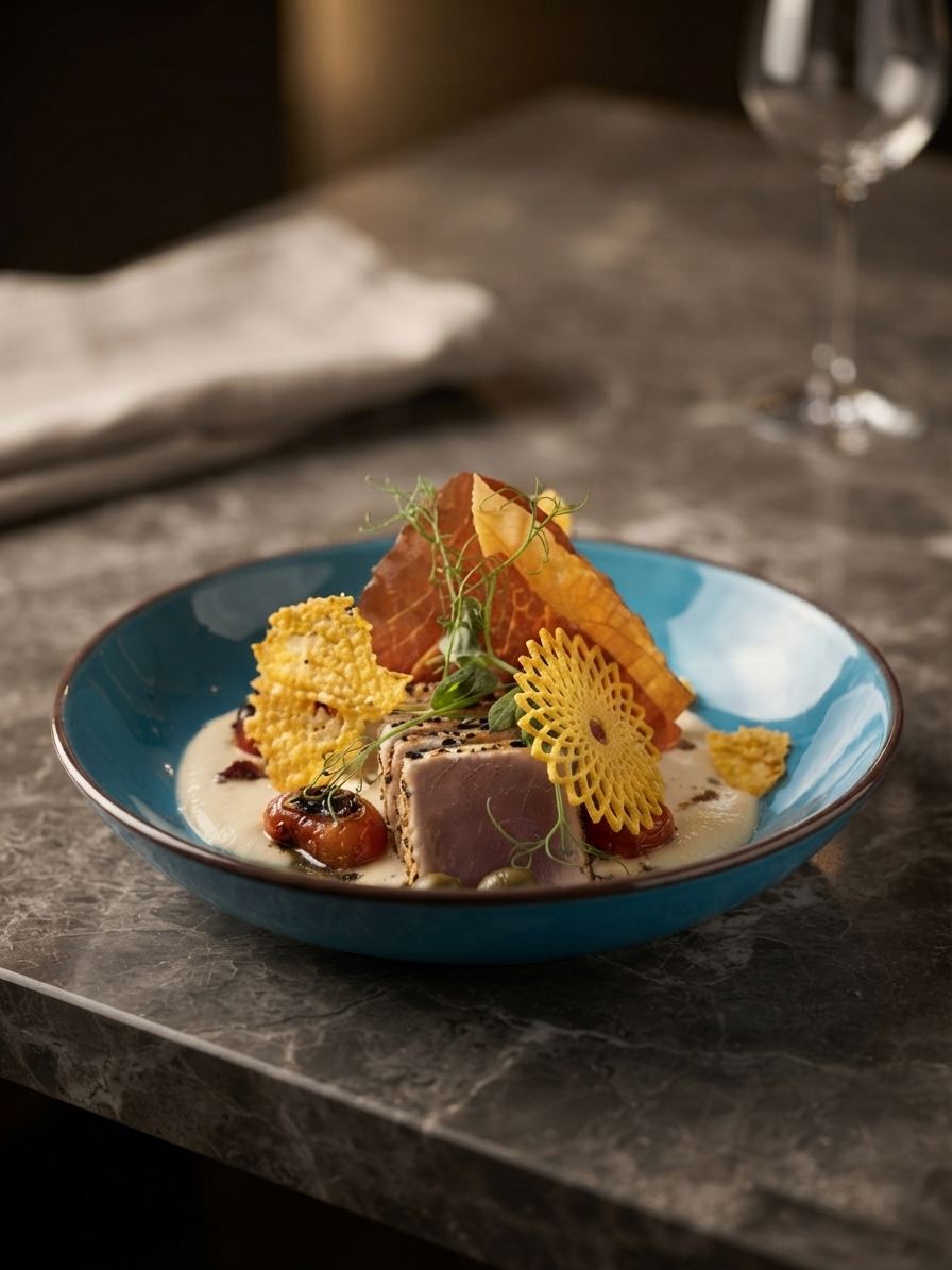Seared tuna with white bean purée and a gold tuile on a turquoise plate