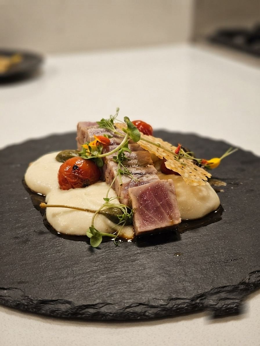 Seared tuna tataki with citrus and micro-herbs